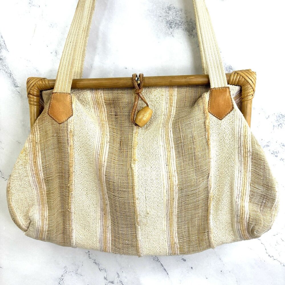 Vintage 70s Handbag Woven Fabric Bamboo Rattan Frame Cottagecore Purse Bag Hippy